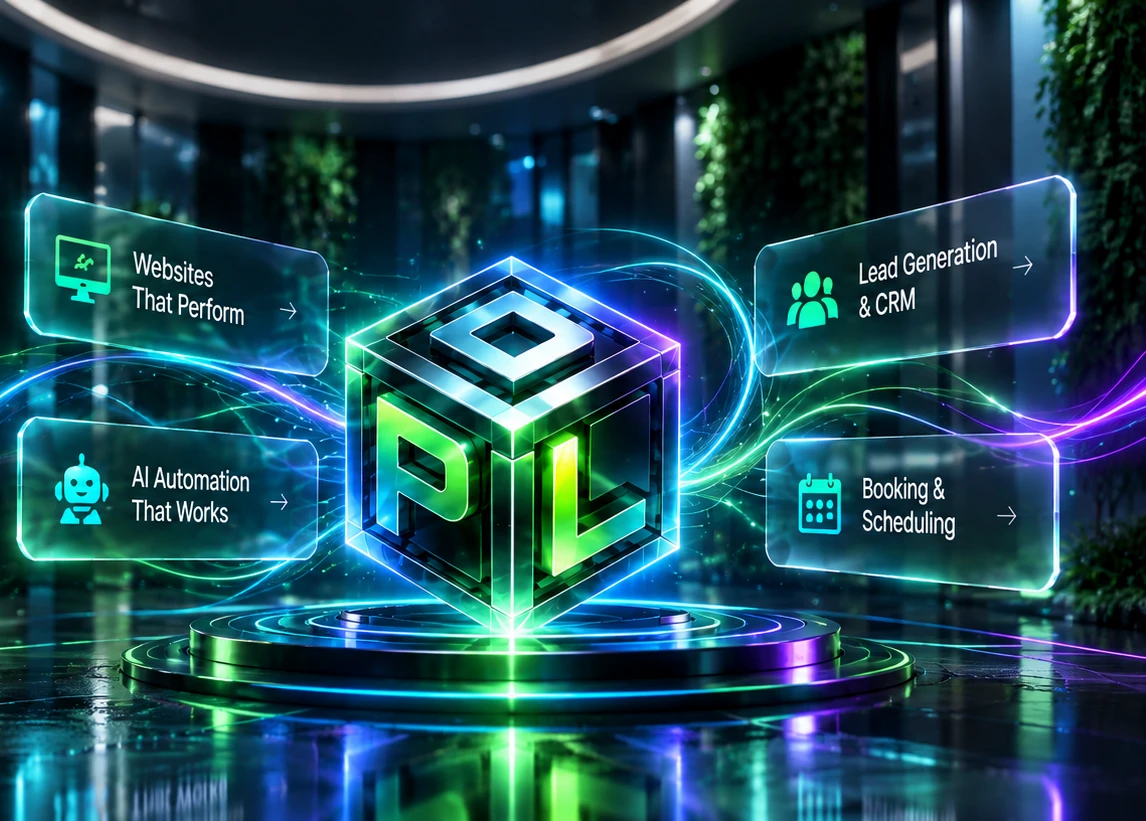 The Parallel Digital Labs PDL glass cube surrounded by flowing neon light trails